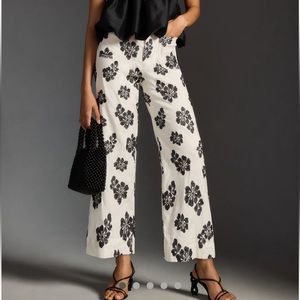 Maeve White Wide-Leg Pants with Black Floral Print